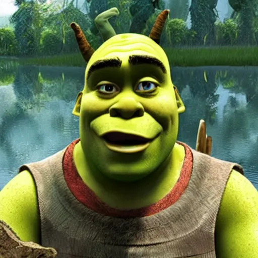 Image similar to shrek really upset and crying lots, with a swamp behind him