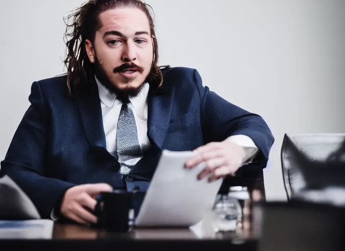 Image similar to dslr photo still of post malone as a stock broker, 8 k, 8 5 mm f 1 6