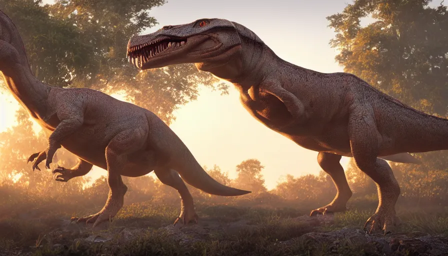 Prompt: hyper realistic highly detailed nature photography of a dinosaur, prehistoric planet, volumetric lighting, octane render, 4 k resolution, golden hour