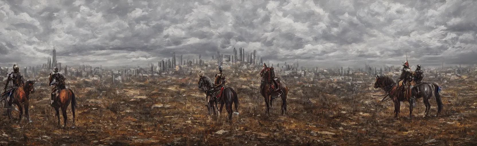 Prompt: horseback knights at scenic overlook; cloudy, grey skies, tents in foreground, fortress city of deteriorating office buildings in background upon hill, post apocalyptic, grungy; oil on canvas, artstation, neon