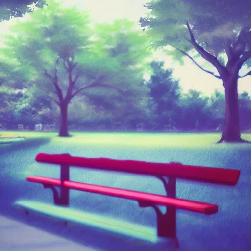 Prompt: a bench at a park, trending on pixiv, detailed, anime, pastel colors, dramatic lighting, by kawacy