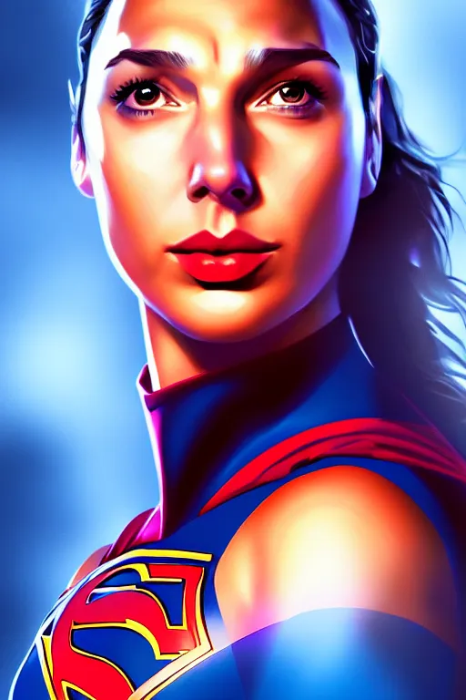 Prompt: gal gadot as supergirl, portrait,, highly detailed, digital painting, artstation, concept art, smooth, sharp focus, illustration, cinematic lighting,