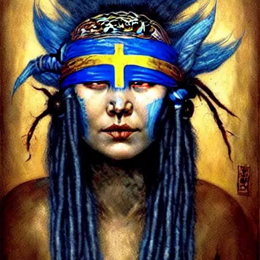 Image similar to A young blindfolded shaman woman with a decorated headband, in the style of heilung, blue hair dreadlocks and wood on her head., made by karol bak