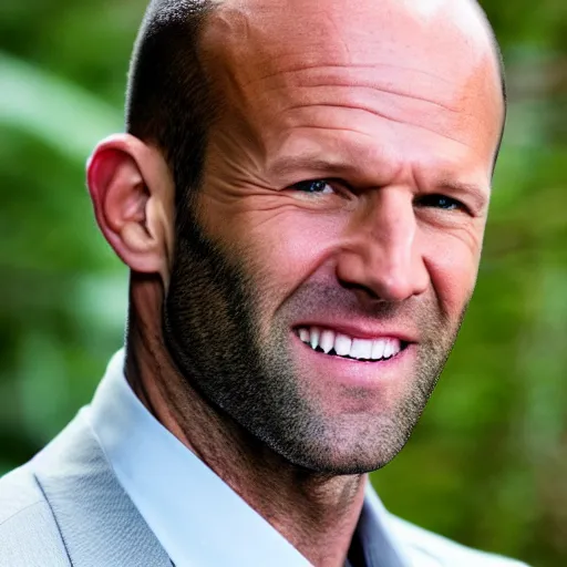 Image similar to professional photograph of Jason Statham smiling in a garden