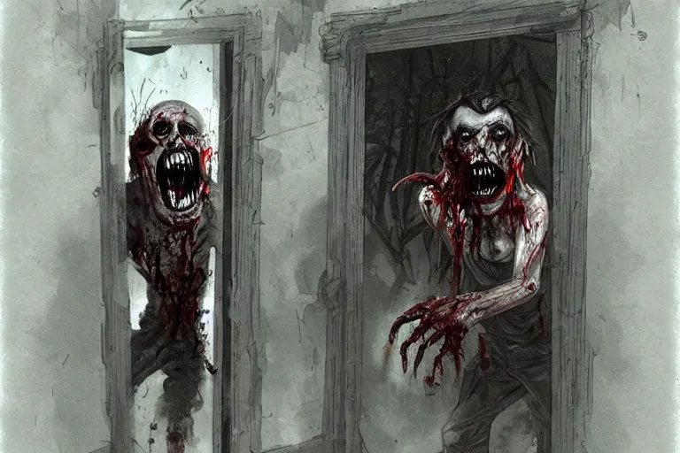 Image similar to a painting of a zombie coming out of a door, concept art by dave melvin, featured on deviantart, fantasy art, concept art, grotesque, creepypasta