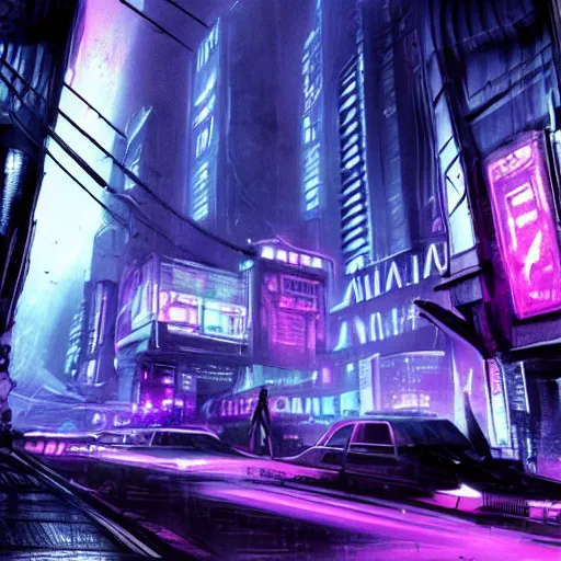 Image similar to blade runner city, high quality, cyberpunk, purple