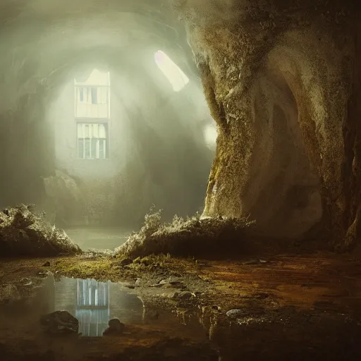 Image similar to michal karcz grunge painting of a beautiful lanscape, underground theme, detailed, elegant, intricate, 4k