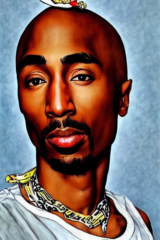 Image similar to Tupac, illustrated in whimsical style, Illustration by Norman Rockwell, Kehinde Wiley!!, artgerm, loish, oil painting,