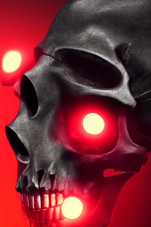 Image similar to closeup shot of a carbon black cyborg, skull, macro shot, dof, cinematic, volumetric lighting, studio shot, octane render, red light, 4 k