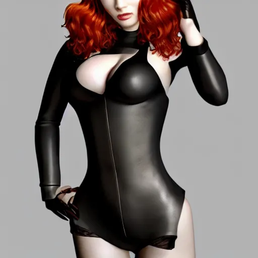 Image similar to 3 d render of christina hendricks in black leather bodysuit, smooth, intricate, octane, reflects, ultra detailed, sharp focus, symmetry