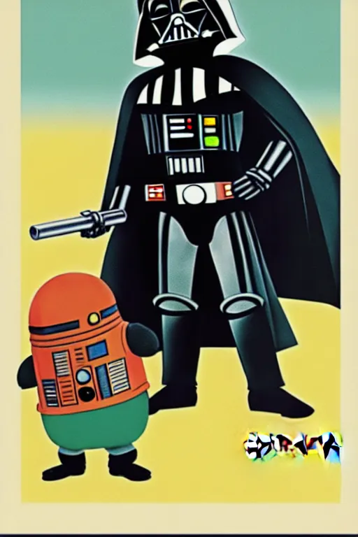 Prompt: by richard scarry. darth vader. a 1 9 5 0 s retro illustration. studio ghibli. muted colors, detailed