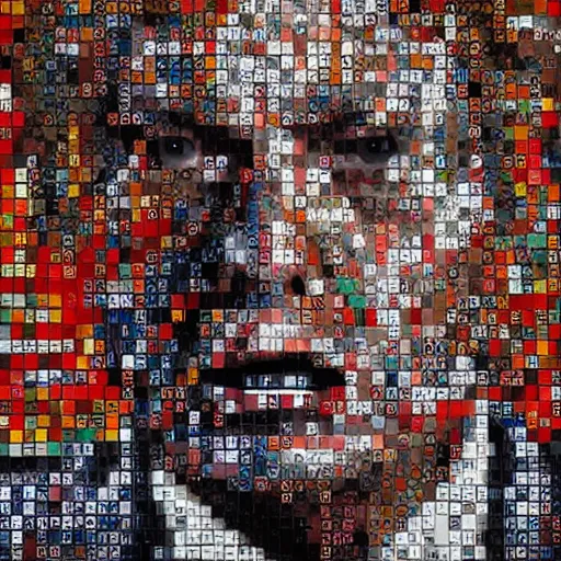 Image similar to portrait mosaic of trump with robot eyes, 4k, intricate details, digital, heaven and hell