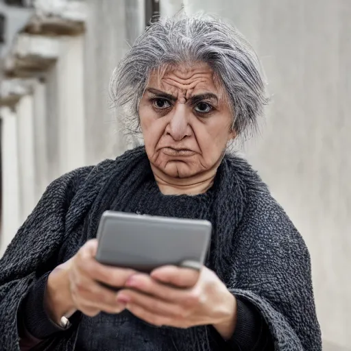 Image similar to astonished and angry middle aged lady looking at smartphone, unsure expression, uncombed hair, greek ethnicity, persian face structure, straight grey hair, angry eyes, photo, realistic, outdoor lighting, 4 k, 8 k, hd, 3 9 mm lens