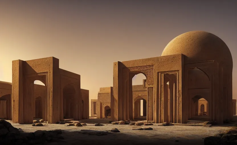 Image similar to exterior shot of utopian ancient persian architecture with cinematic lighting by peter zumthor and renzo piano, darek zabrocki and greg ruthkowski, simon stalenhag, cinematic, holy place, paradise, scifi, futurism, atmospheric, concept art, artstation, trending on artstation