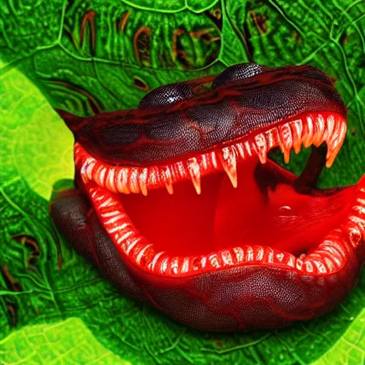 Prompt: slimy monster with long slimy textured tongue, dripping saliva, macro photo, fangs, red glowing veins, skin with snake scales, cinematic, tiny glowbugs flying everywhere, standing a swamp, flying wasps, insanely detailed, dramatic lighting