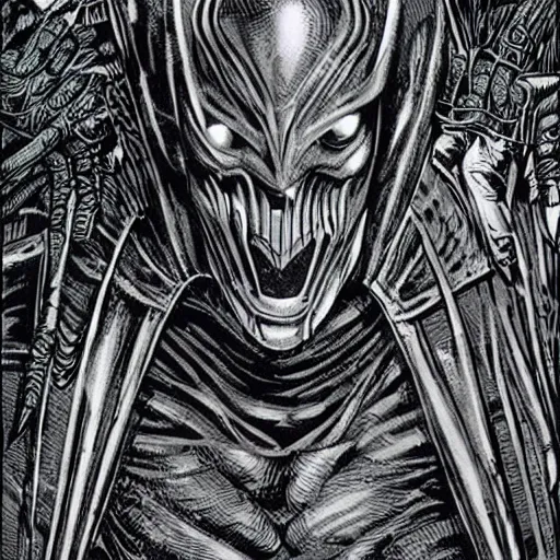 Prompt: dark shadow lurker wearing mask and suit of armor in the jungle, 1 9 9 0 s comic book, giger, dark, detailed, hyper - realistic, full body ornate