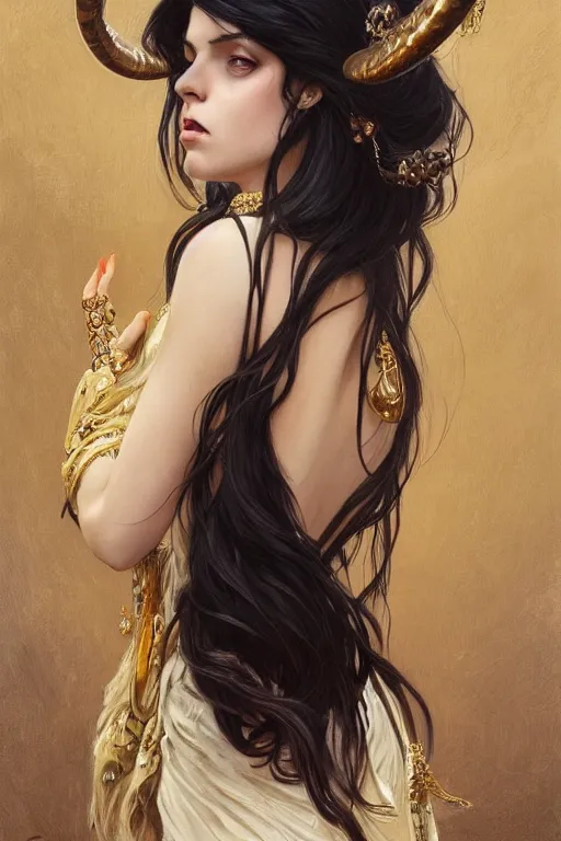 Prompt: a beautiful woman with long black hair, big natural ram horns on her head, flowing dress, gold jewellery, dnd, face, fantasy, intricate, elegant, highly detailed, digital painting, artstation, concept art, smooth, sharp focus, illustration, art by artgerm and greg rutkowski and alphonse mucha