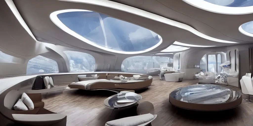 Prompt: From the very detailed luxury interior design vast room of a futuristic science-fiction spaceship with a huge circle glass roof, a beautiful android