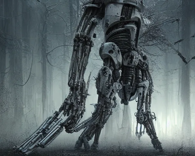 Image similar to photo of a giant huge white terminator spider with heavy duty biomechanical hydraulic cybernetic body in the forest fighting stormtroopers and a sith lord. cyberpunk horror style. highly detailed 8 k. intricate. nikon d 8 5 0 5 5 mm. award winning photography. art by hr giger and zdzislaw beksinski in the style of hzd