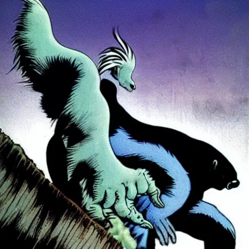 Image similar to a skunk that is blue by richard corben style