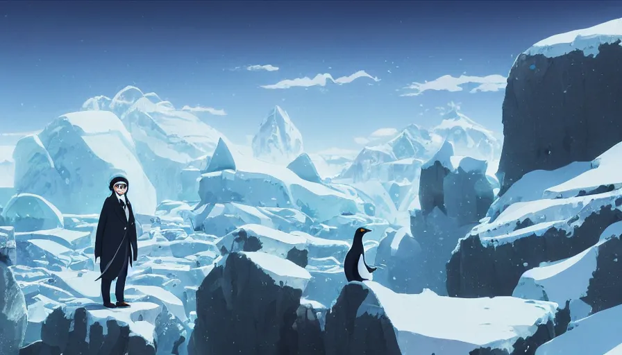 Prompt: A highly detailed matte painting of the penguin king of antarctica by Studio Ghibli, Makoto Shinkai, by Artgerm, by beeple, by Greg Rutkowski, volumetric lighting, octane render, 4K resolution, trending on artstation, masterpiece