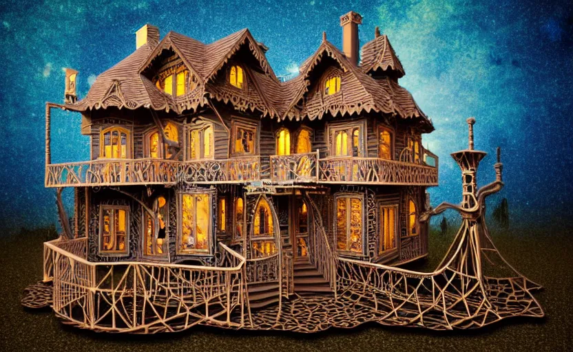 Prompt: one single stand alone huge hyperdetailed elaborate home, seen from the long distance, at night. in a wood made of paper and plastics. maximalist unespected elements. free sky in matte warm tones. 8 x 1 6 k hd mixed media 3 d collage in the style of a childrenbook illustration in pastel tones. matte background no frame hd