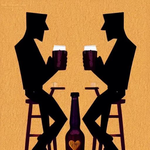 Prompt: two beautiful chad men drinking beers, many hearts, friendship, love, sadness, dark ambiance, concept by Godfrey Blow, featured on deviantart, drawing, sots art, lyco art, artwork, photoillustration, poster art