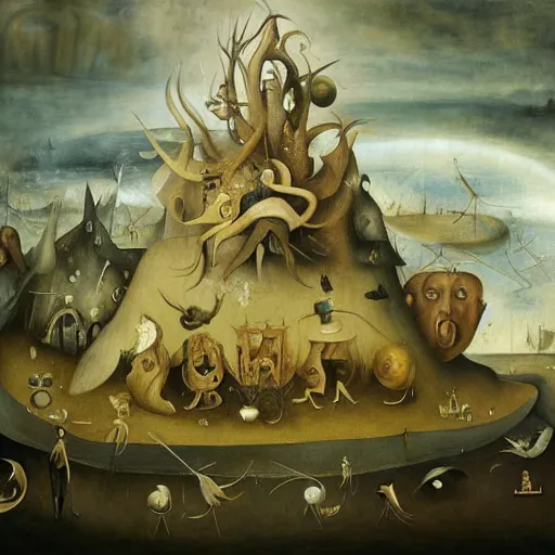 Prompt: oil painting in the style of hieronymus bosch, leonora carrington and joos van craesbeeck : : intricate detailed study of a surreal dreamscape : : ultra - detailed technical precision : : matte painting, high definition 3 d render, unreal engine, hi - res textures