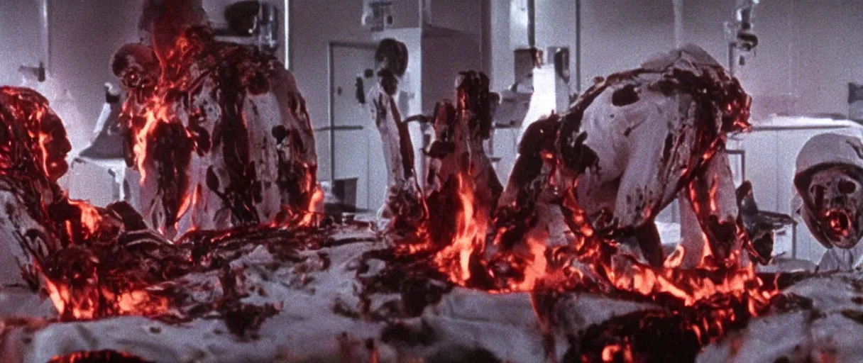 Image similar to filmic closeup dutch angle movie still 4k UHD 35mm film color photograph of 3 doctors burning alive inside of a science lab, melted and charred flesh, screaming in agony, in the style of a 1980s horror film