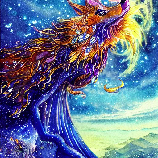 Prompt: watercolor portrait from an anime of an ethereal colorful blue starry fox peacock character with giant golden demonic fangs, wearing star filled mage robes, sitting in an illuminated observatory at night, art by yuji ikehata, background art by miyazaki and art guidance from the last unicorn company rankin bass, realism, detailed, proper human proportions, fully clothed