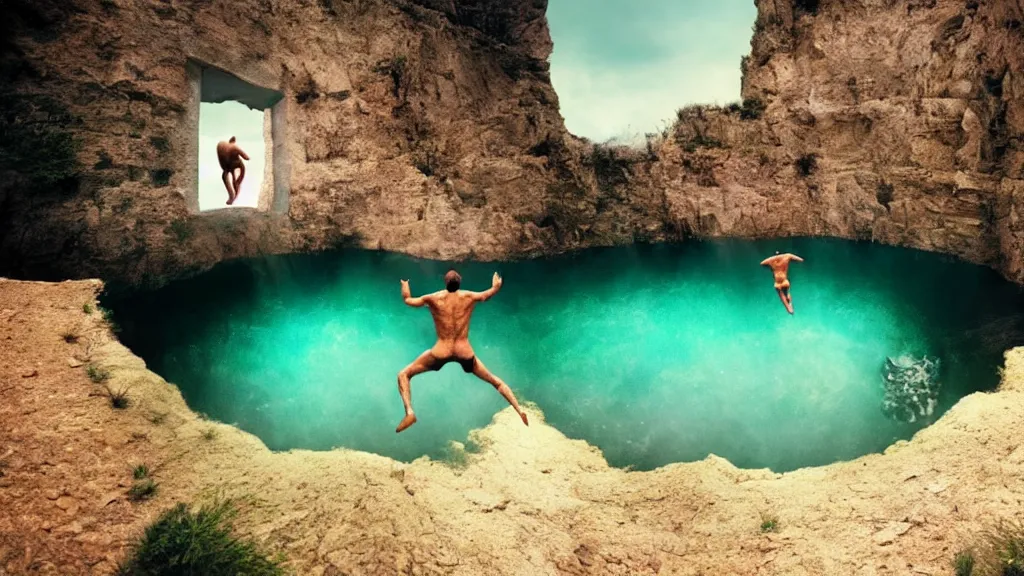 Prompt: a man cliff jumping into waters that are actually a portal to another dimension, film still from the movie directed by Denis Villeneuve with art direction by Salvador Dalí, wide lens