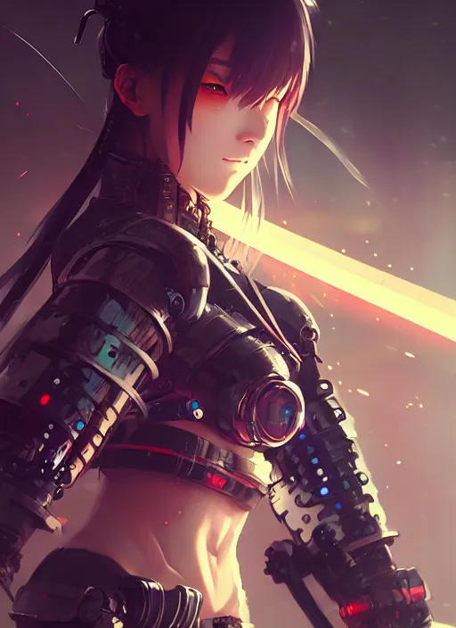 Prompt: very cool cyberpunk samurai girl, battle pose, laser swords, beautiful, detailed portrait, intricate complexity, concept art by krenz cushart, kyoto animation, wlop. 4 k, beautiful, cinematic dramatic atmosphere, sharp focus