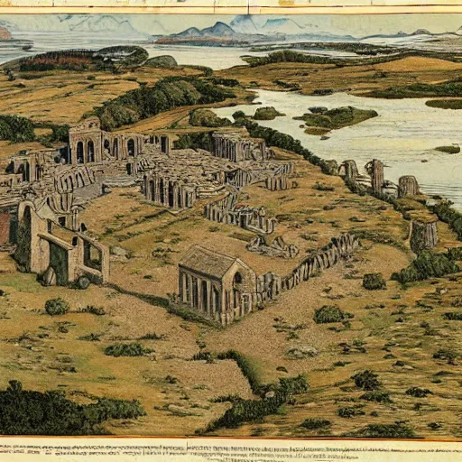 Prompt: a sprawling pictish settlement built around roman ruins in the english countryside, dark ages, 8 th century, by james gurney