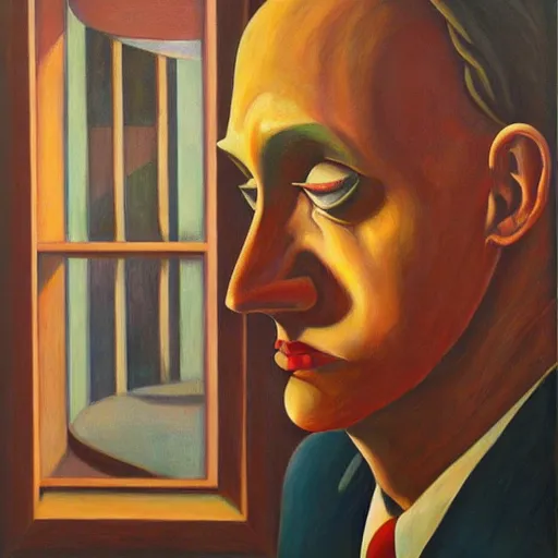 Prompt: visage, portrait, angst, pj crook, edward hopper, oil on canvas