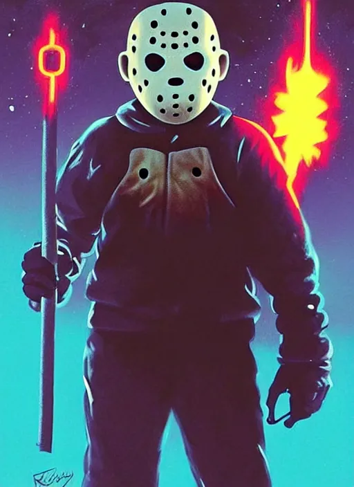 Prompt: jason voorhees!! electricity, bubble gum, highly detailed, high contrast, light reflection, trippy, nebula, trending on art station by artgem, by carl barks, by wlop, by ruan jia