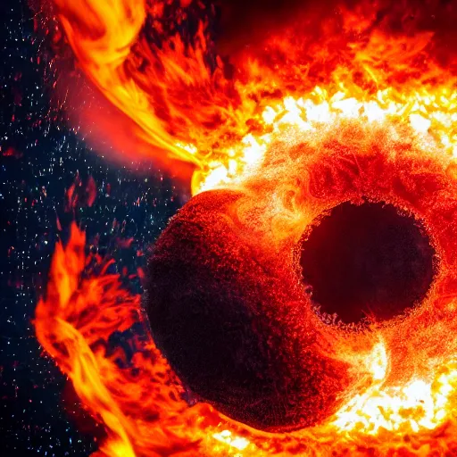 Image similar to red hot burning sphere embedded in fireball explosion with fire, 4 k