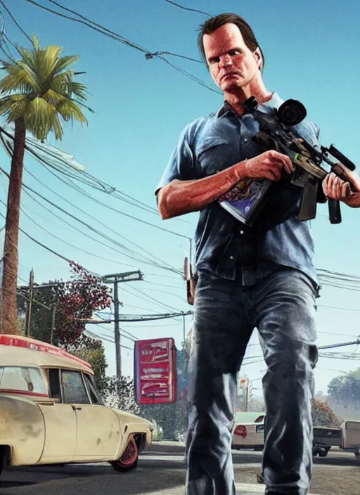 Image similar to bill - paxton as chet as gta 5 cover art, no - text no - logo