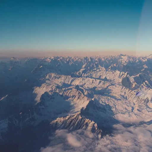 Image similar to a realistic sunrise in the swiss alps seen through a plane window