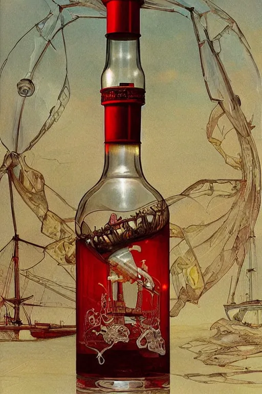 Image similar to a red and white lighthouse inside a clear bottle, very fancy whiskey bottle, intricate concept painting by john collier and albert aublet and krenz cushart and artem demura and alphonse mucha