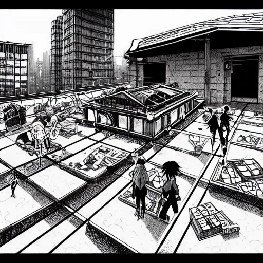 Image similar to high quality illustration of a rooftop picnic in an abandoned building in the style of ghost in the shell and blame and akira, manga, black and white, pencil, traditional art, anime, by katsuhiro otomo and tsutomu nihei and masamune shirow and studio ghilibi and yukito kishiro, highly detailed, sharp lines