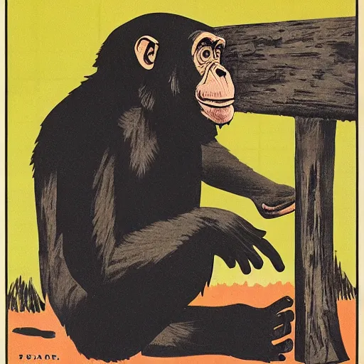 Prompt: A chimpanzee constructing a house, 1960s poster style