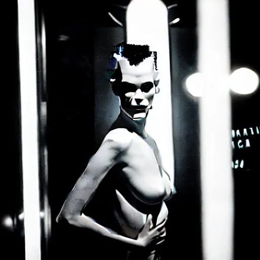 Image similar to cinematic portrait of model kristen mcmenamy as bride of frankenstein as a replicant in a busy nightclub, frightened and angry, still from the movie ex machina, fashion photography, a neon sign is in the background