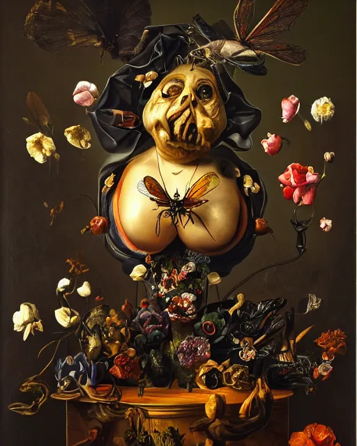 Image similar to refined gorgeous blended oil painting with black background by christian rex van minnen rachel ruysch dali todd schorr chiaroscuro portrait extremely bizarre disturbing mutated man beautiful suit made of still life flowers and rubber insects with shiny skin dutch golden age vanitas intense chiaroscuro cast shadows obscuring features dramatic lighting perfect symmetry perfect composition masterpiece