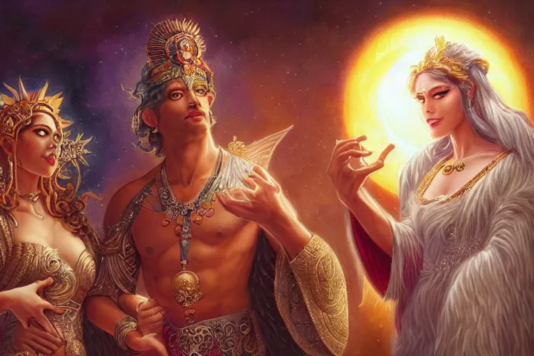 Image similar to close up moment of a divine a sun god and a moon goddess lovers magician at a wedding banquet, highly detailed, d & d, fantasy, highly detailed, digital painting, trending on artstation, concept art, sharp focus, illustration, art by artgerm and greg rutkowski and magali villeneuve