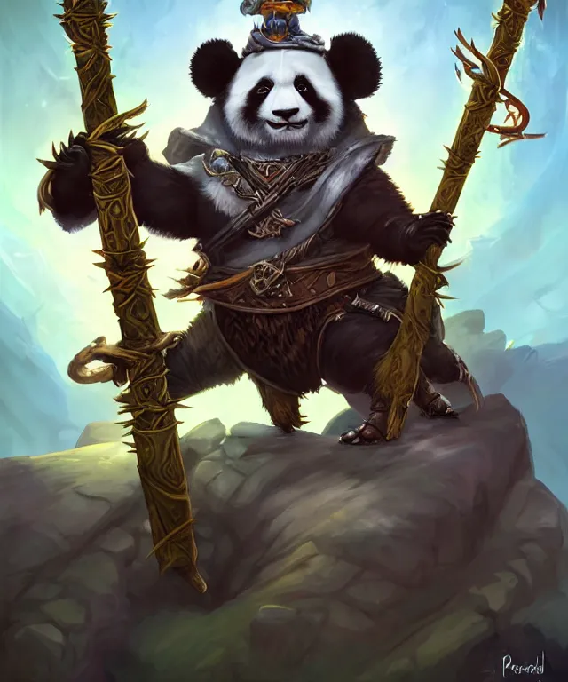 Image similar to a portrait an anthropomorphic panda warlock holding a staff, wearing warlock robes with spiked shoulders, landscape in background, dnd character art portrait, world of warcraft style, by peter mohrbacher, cinematic lighting