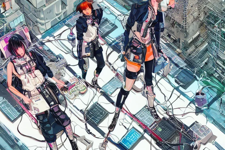 Image similar to a cyberpunk illustration of a group of four super-coherent female androids dressed in seifuku in style of masamune shirow, lying scattered across an empty, white floor with their bodies rotated in different poses and cables and wires coming out, by yukito kishiro and katsuhiro otomo, hyper-detailed, intricate, view from above, colorful