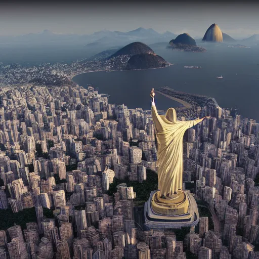 Image similar to a highly detailed picture of, the christo redentor dabbing over rio de janeiro, ultrawide lens, art by john collier and albert aublet and krenz cushart and artem demura and alphonse mucha, volumetric lighting, octane render, 4 k resolution, trending on artstation, masterpiece