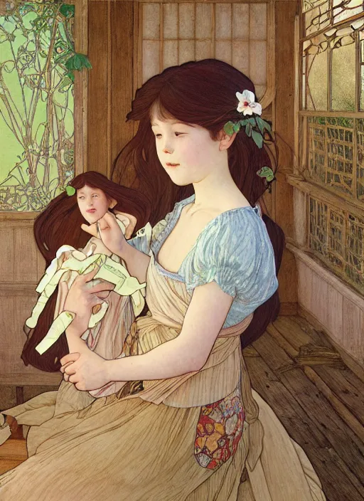 Prompt: young girl with long hair, wearing a dress, playing with her doll on the wooden floor in an old wooden house, path traced, highly detailed, high quality, digital painting, by studio ghibli and alphonse mucha, leesha hannigan, hidari, art nouveau, chiho aoshima, jules bastien - lepage