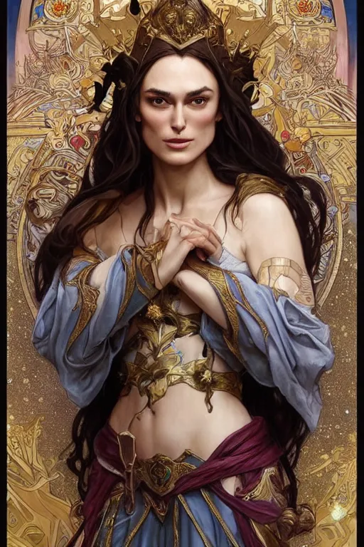 Prompt: keira knightly as a high elf queen with water splashs and ornaments painted by artgerm, alphonse mucha and chris rahn, highly detailed artwork, composition by android jones - n