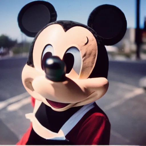 Prompt: Hyper realistic photography of Mickey Mouse but is a retired stripper and sleeps in the streets of LA, Cinestill 800T